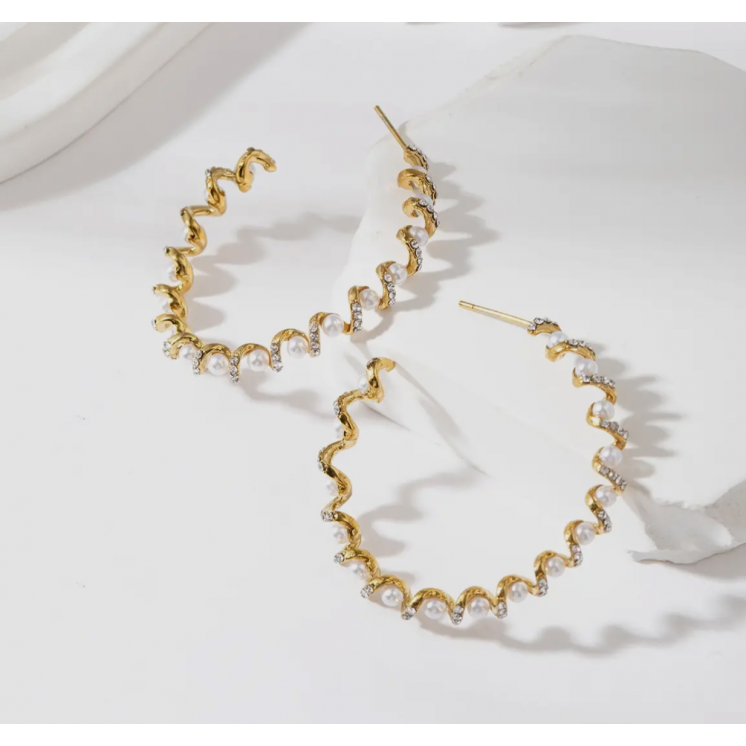 Boucles d'oreilles créoles dorées strass et perles