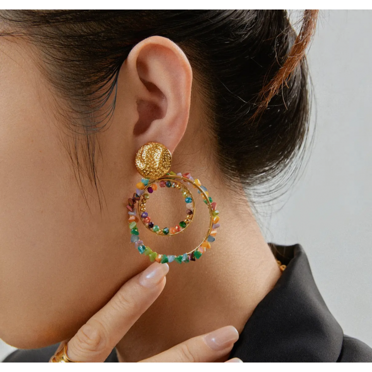 Boucles d'oreilles cercles pierres colorées