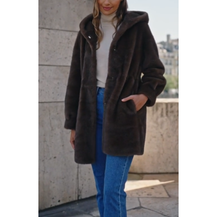 manteau fausse fourrure chocolat mi-long