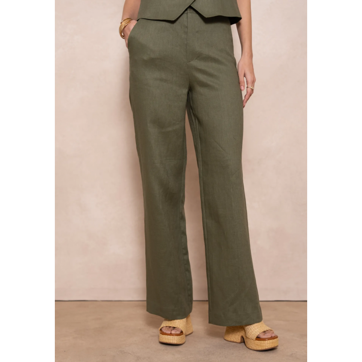 Pantalon femme lin kaki coupe large costume 2 pièces