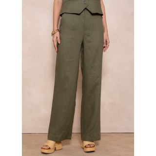 Pantalon femme lin kaki coupe large costume 2 pièces