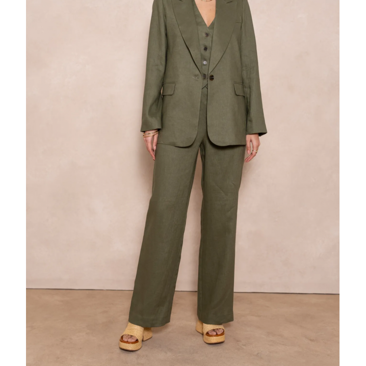 Pantalon femme lin kaki coupe large costume 2 pièces