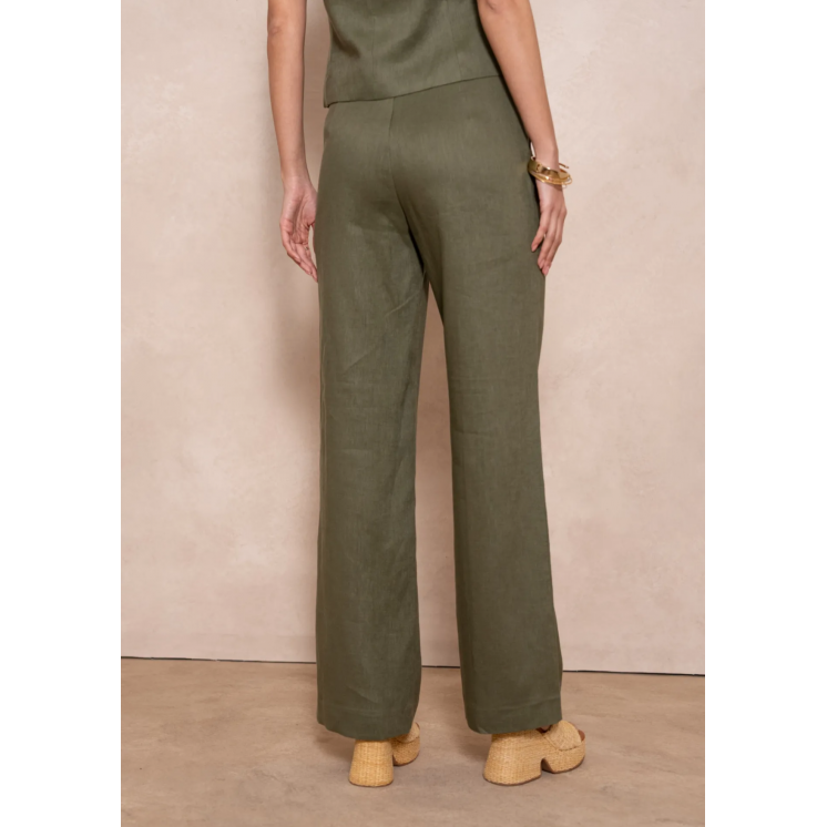 Pantalon femme lin kaki coupe large costume 2 pièces